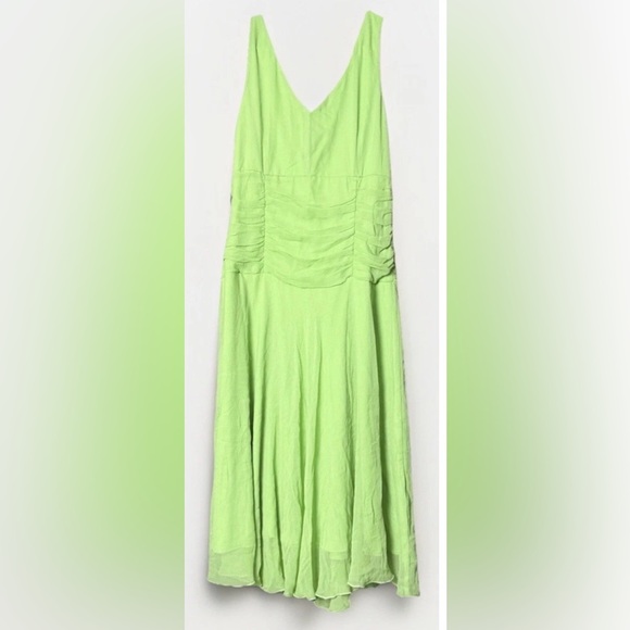 Y2K Jonathan Martin Studio Green Silk Ruched Fit & Flare Sleeveless Midi Dress 8 - Picture 2 of 7
